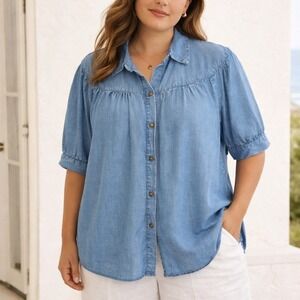Jane & Delancey Size XL Blue Coastal Chambray Lyocell Button Blouse Top Capsule